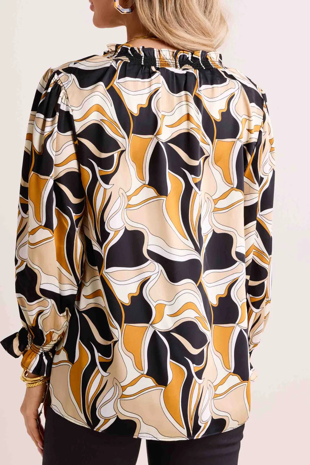 Abstract Print Balloon Sleeve V-Neck Blouse
