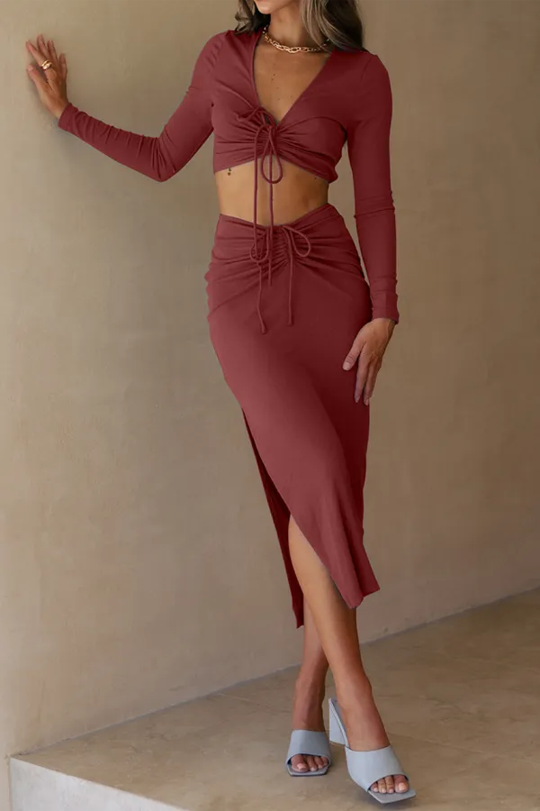 Tie Front Cut Out Long Sleeve Crop Top