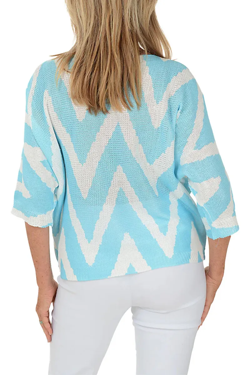 Blue Zig Zag 3/4 Sleeve Lightweight Sweater