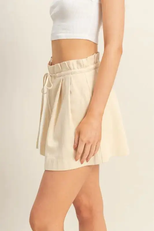 High Waisted Washed Twill Paperbag Shorts