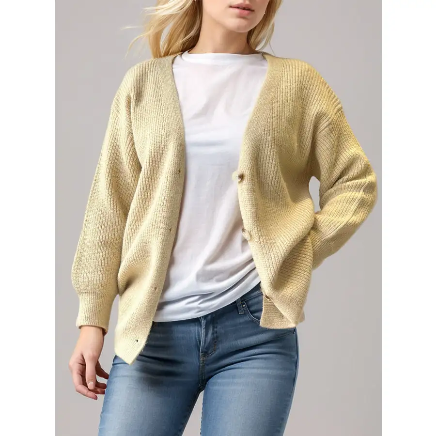 Button Down V Neck Long Sleeve Cardigan