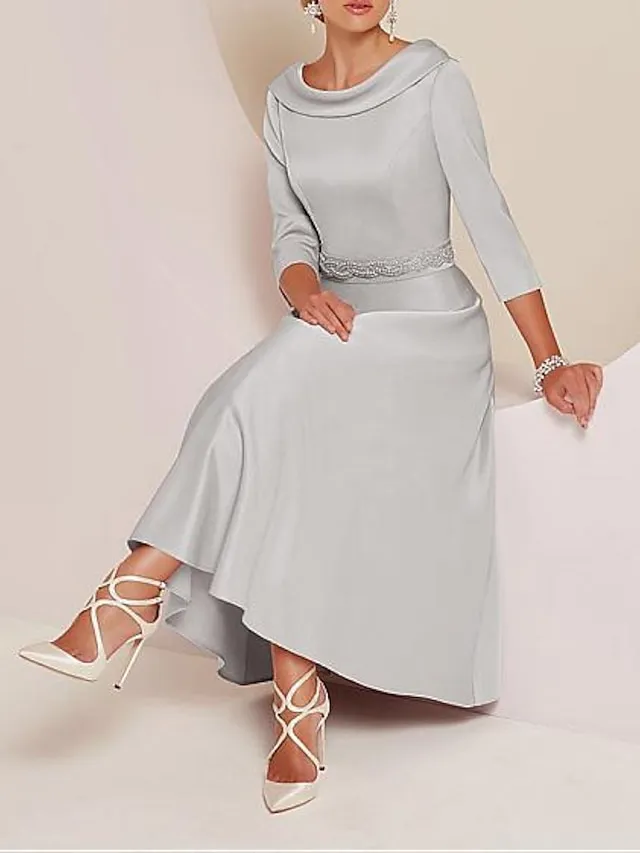 A-Line Mother of the Bride Dress Wedding Guest Elegant Vintage Plus Size Bateau Neck Tea Length Satin 3/4 Length Sleeve with Beading 2024