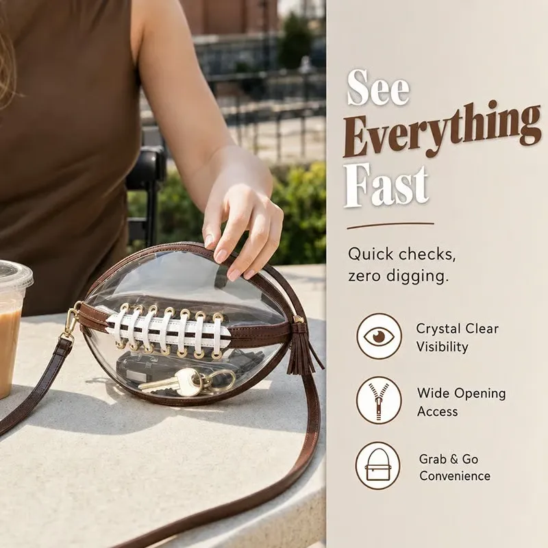 Clear Football Shaped Crossbody Bag Transparent PVC Stadium Approved Game Day Bag with Adjustable Strap Summer