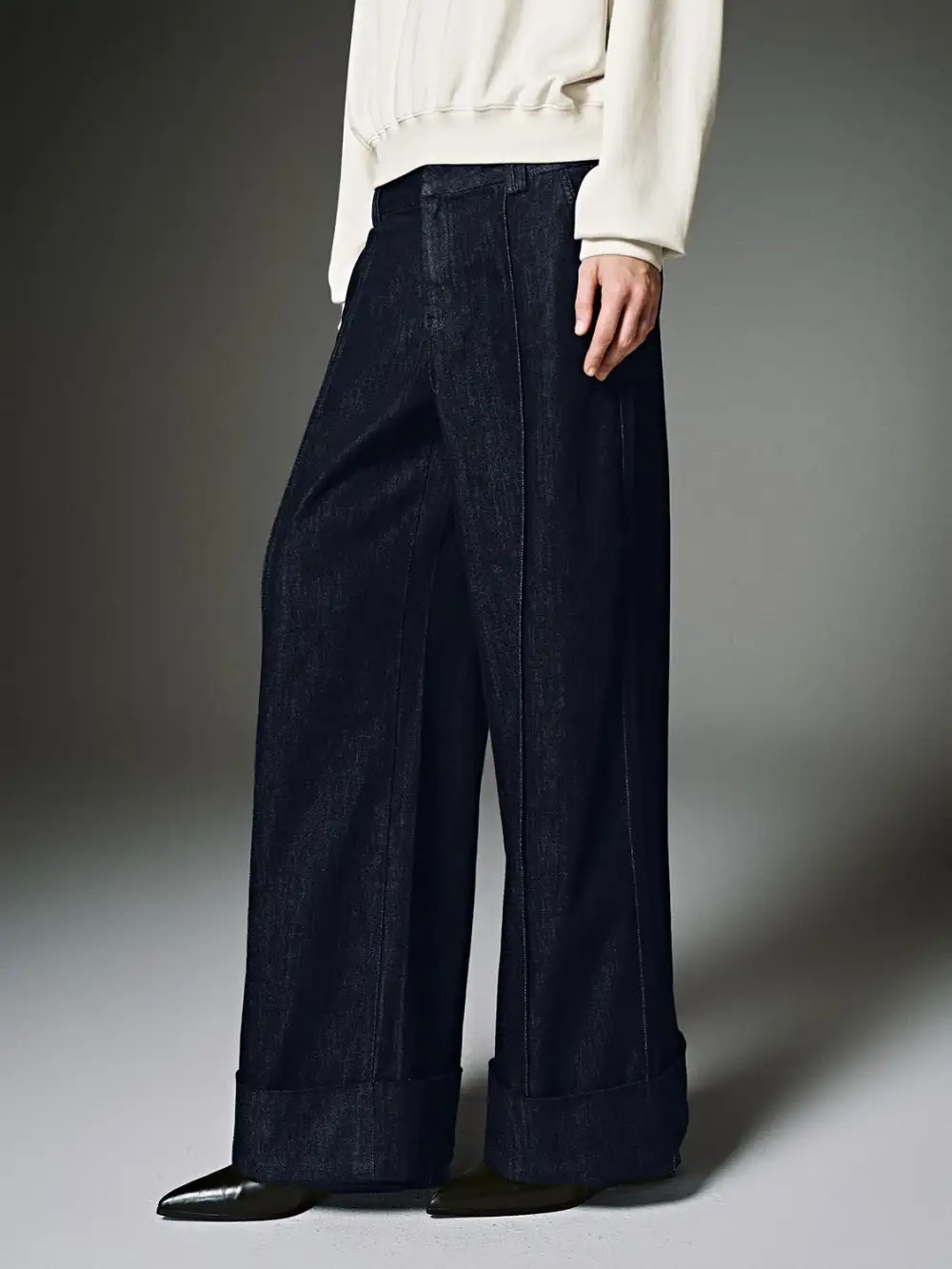 Ladies' Dark Blue Retro-Style Wide-Leg Denim Trousers