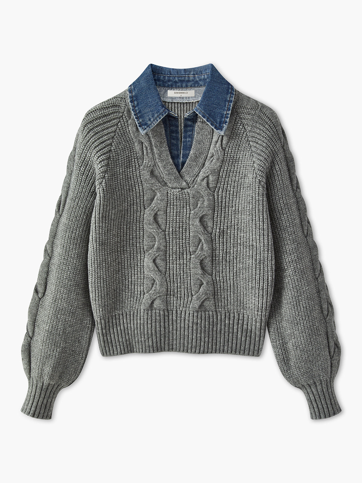 Denim Panel Ribbed Lapel Sweater