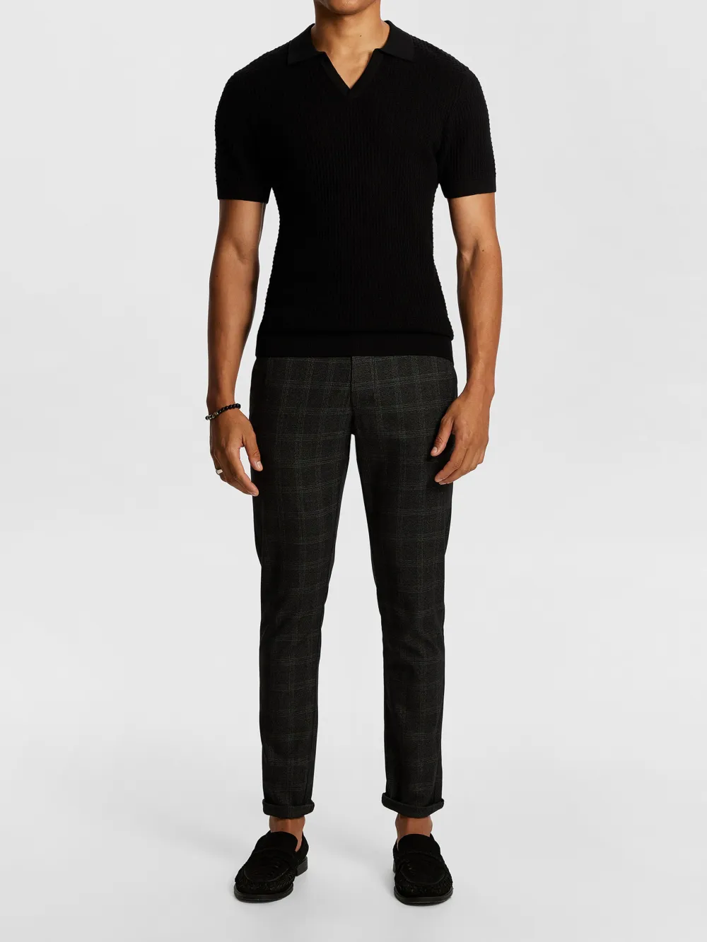 Black Short Sleeve Ribbed Knit Polo Shirt