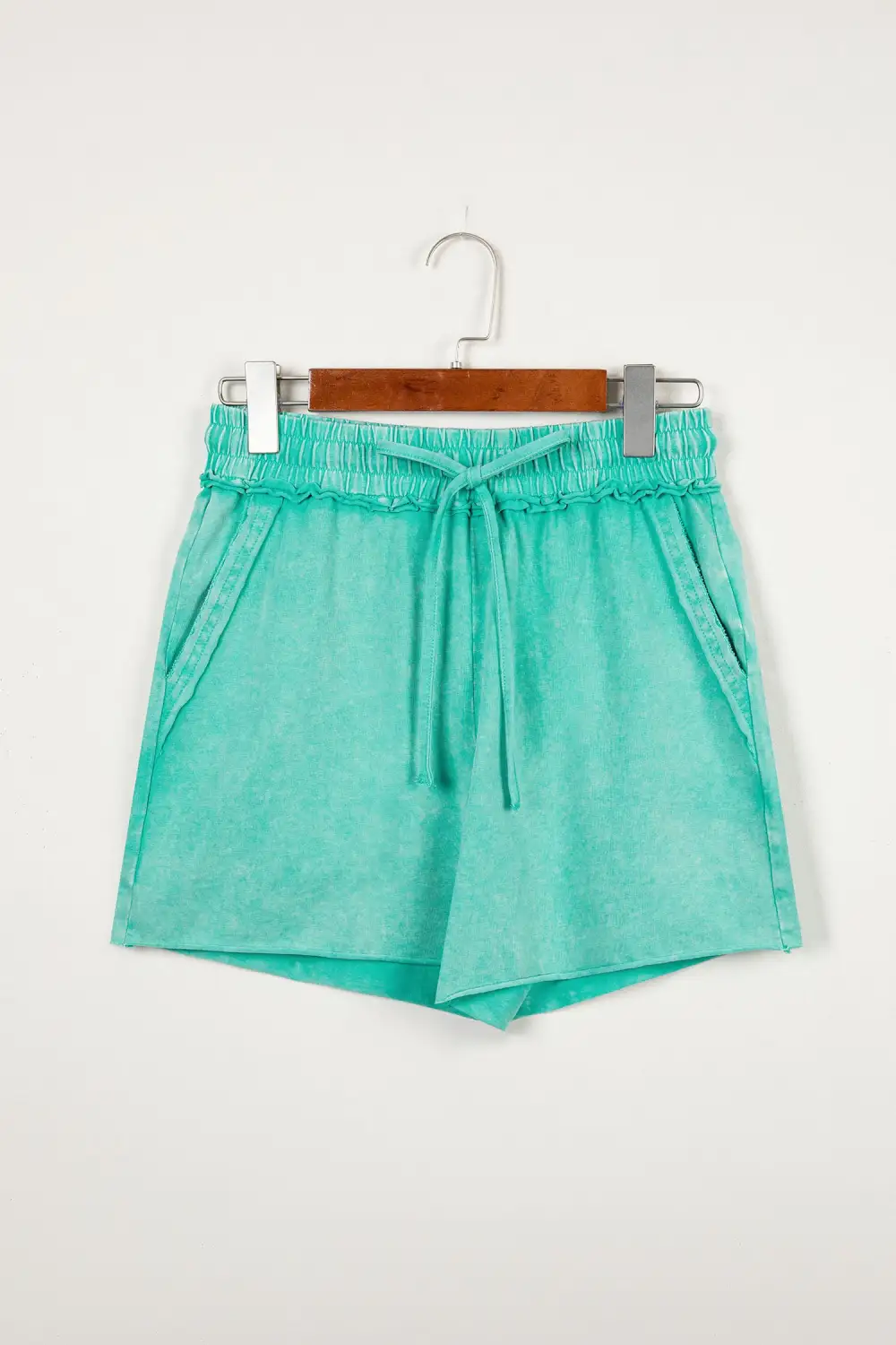 Mineral Washed Drawstring Elastic Waist Raw Cut Shorts