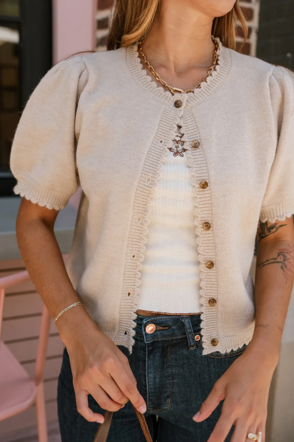 Scallop Hem Plain Cardigan