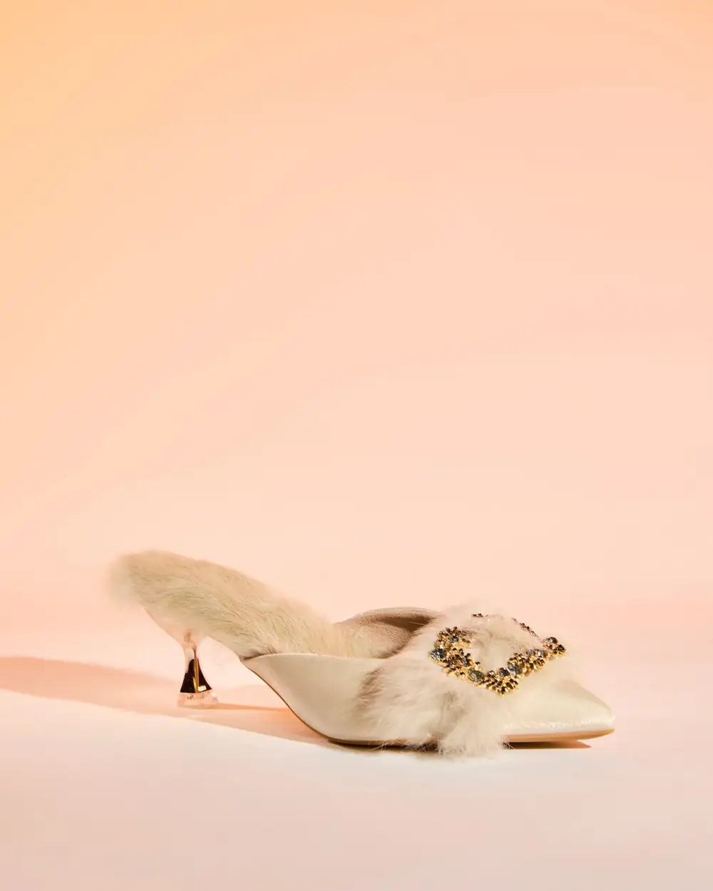 Faux Fur Satin Mules in Natural