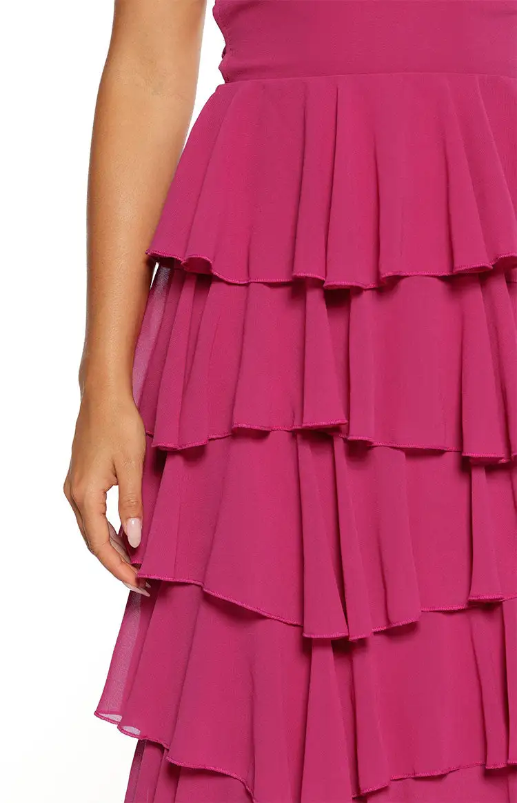 Strapless Ruffle Frills Fuchsia Maxi Dress