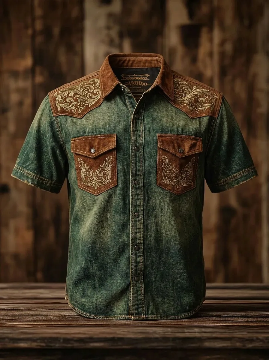 Men's Western Cowboy Floral Embroidery Suede Patch Printed Shirt