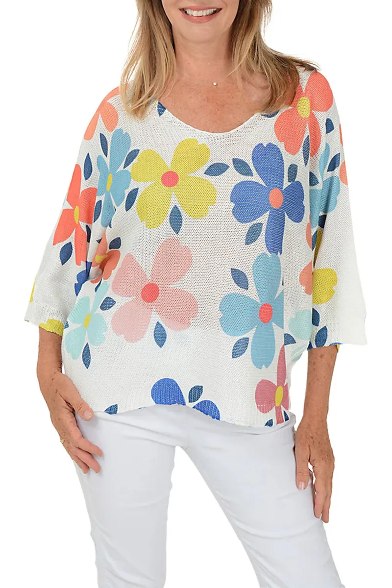 Flowers 3/4 Sleeve Lightweight Sweater