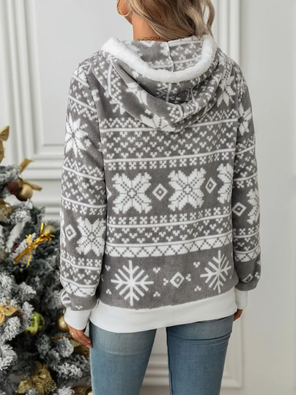 Drawstring Snowflake Zip Up Hooded Jacket