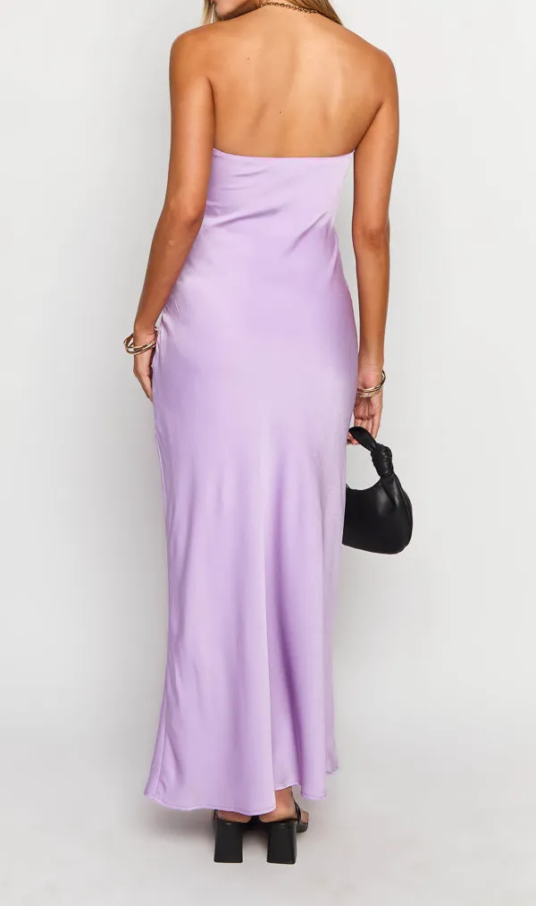 Modern Satin Strapless Frills Maxi Dress