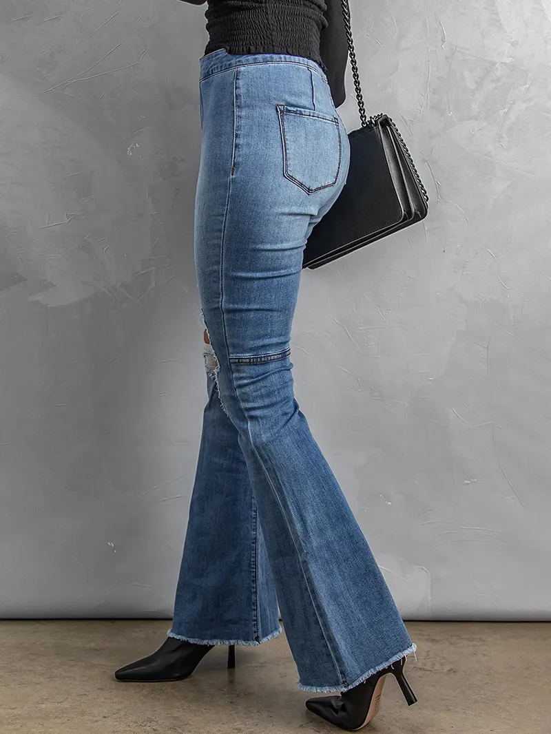 Solid color classic ripped knee jeans