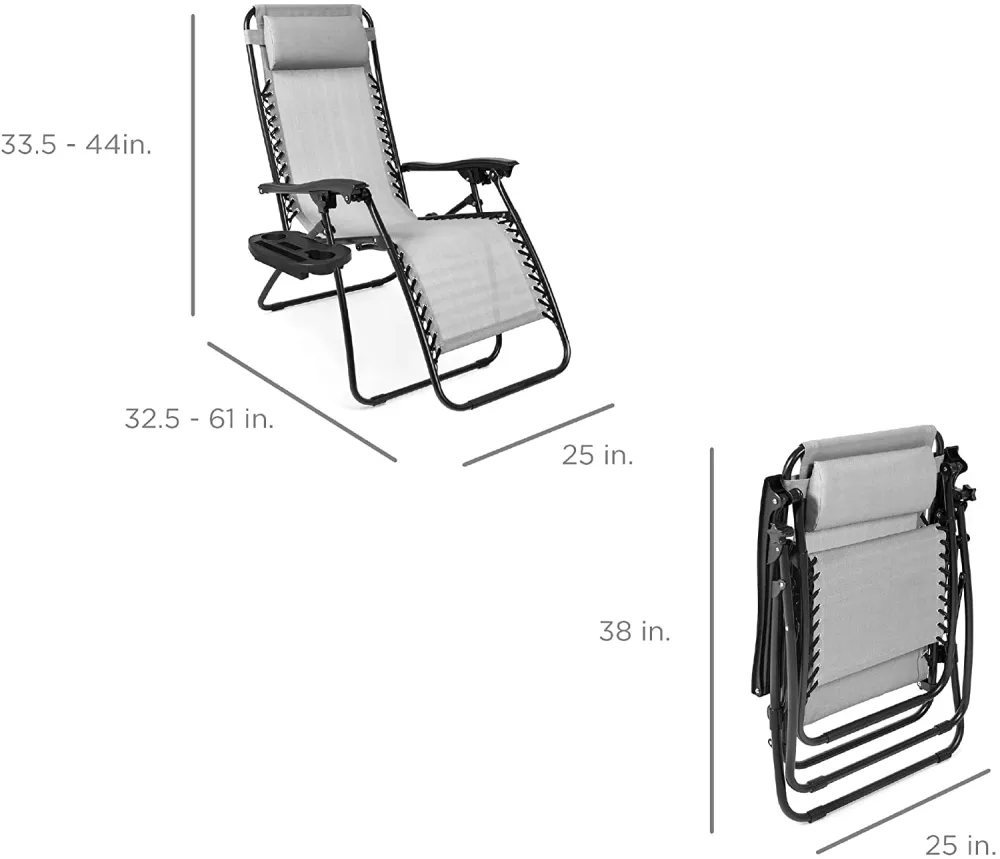 Set of 2 Adjustable Steel Mesh Zero Gravity Lounge Chair Recliners w/Pillows and Cup Holder Trays