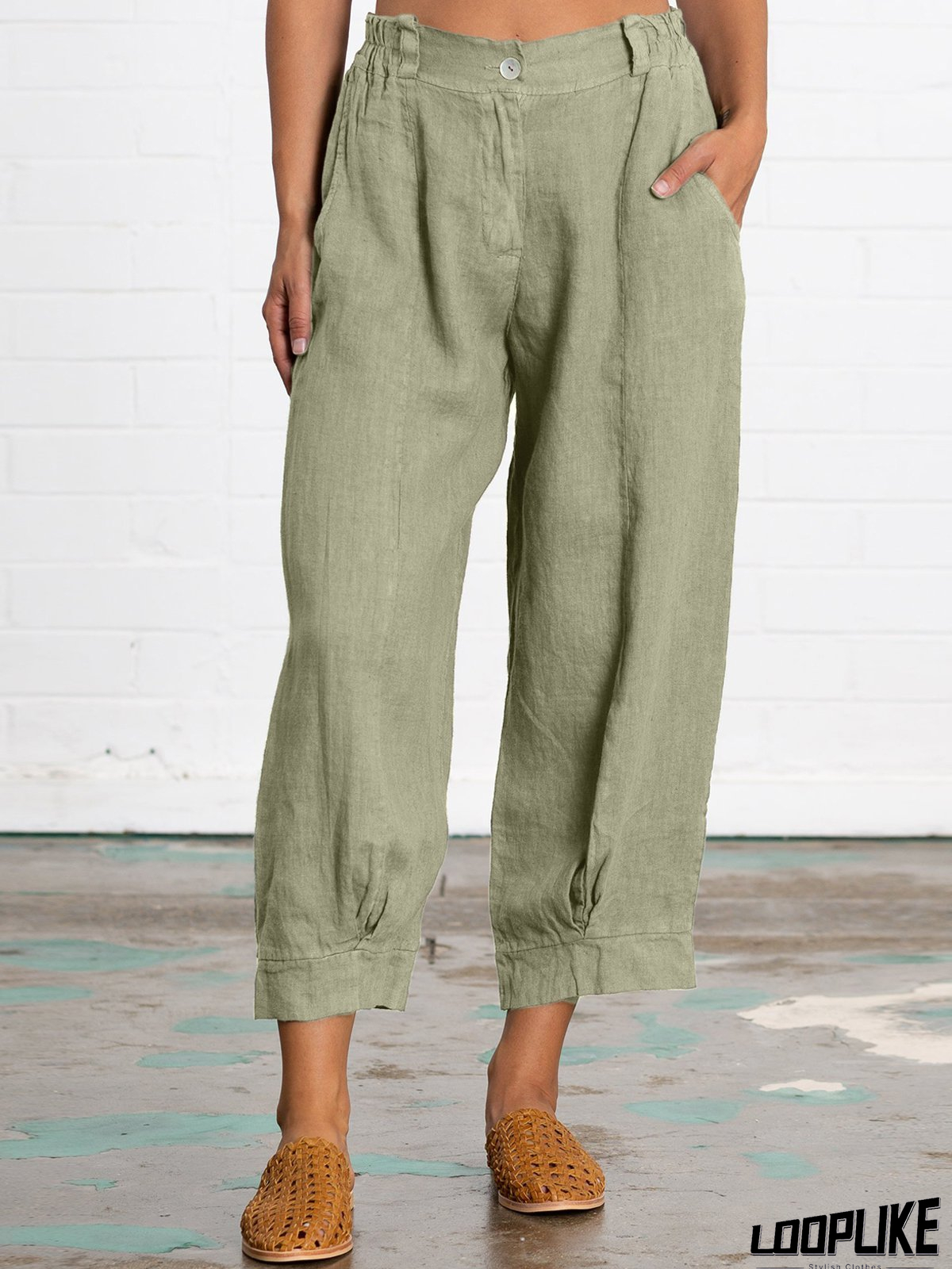 Linen Women Loose Capri Pants With Pockets