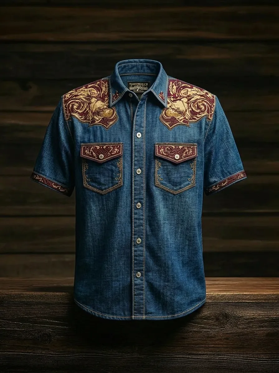 Men's Western Style Floral Embroidery Denim Printed Shirt