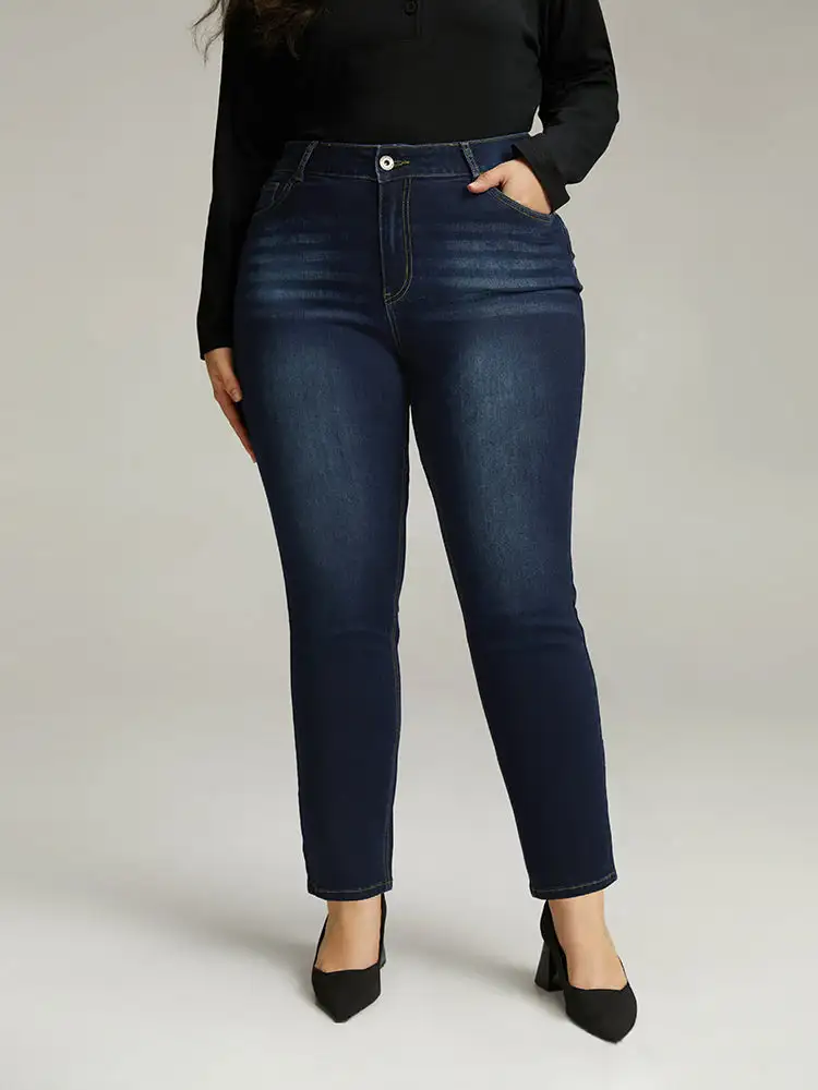 Plain Straight Leg Pocket High Rise Jeans