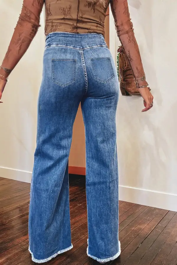 Flare High Waist Raw Hem Button Jeans