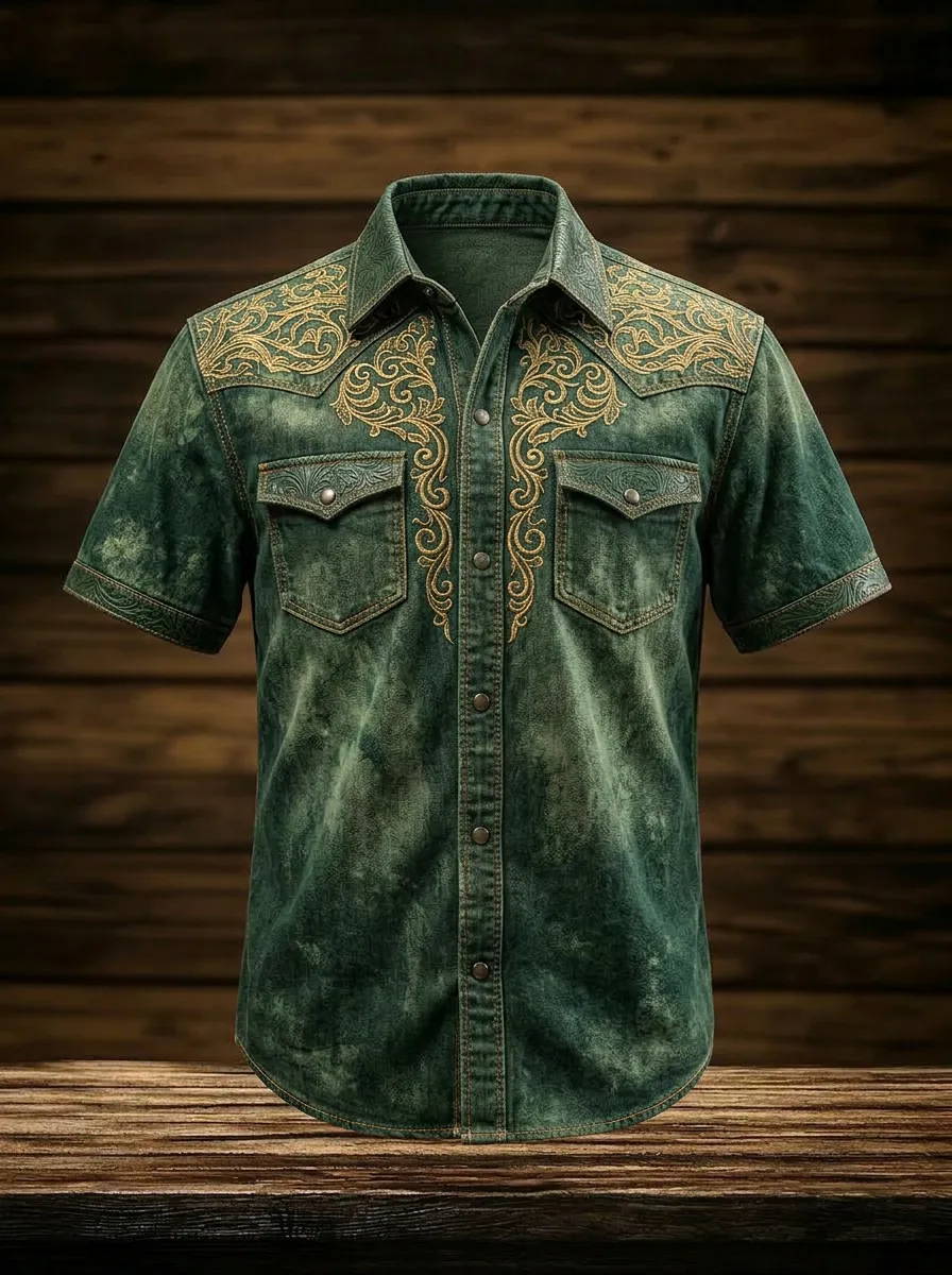 Men's Western Style Gold Filigree Printed Short Sleeve Shirt