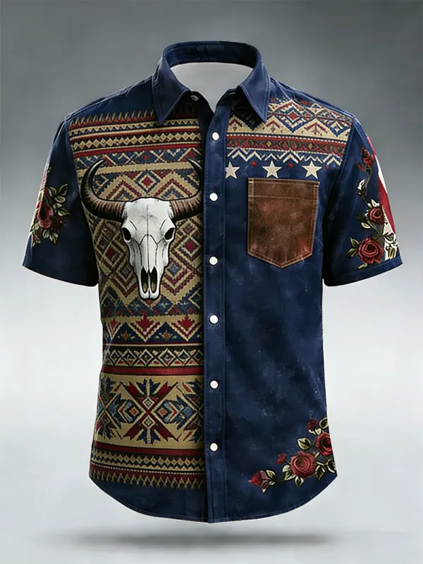 Men's Bull Skull & Rose Embroidered Short Sleeve Shirt