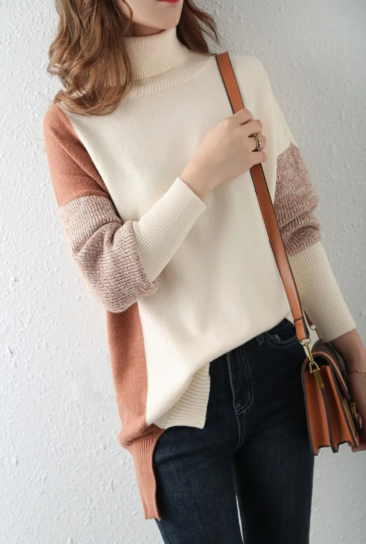 Casual Loose Color Block High-Neck Sweater