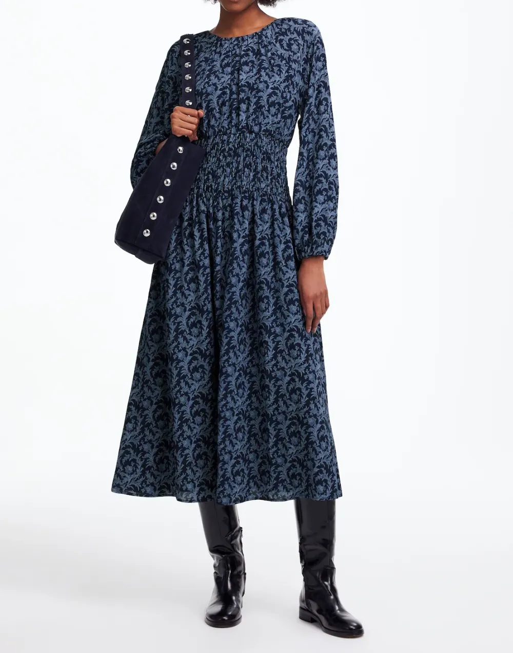 Bubble-Sleeve Smocked Maxi Dress in Floral