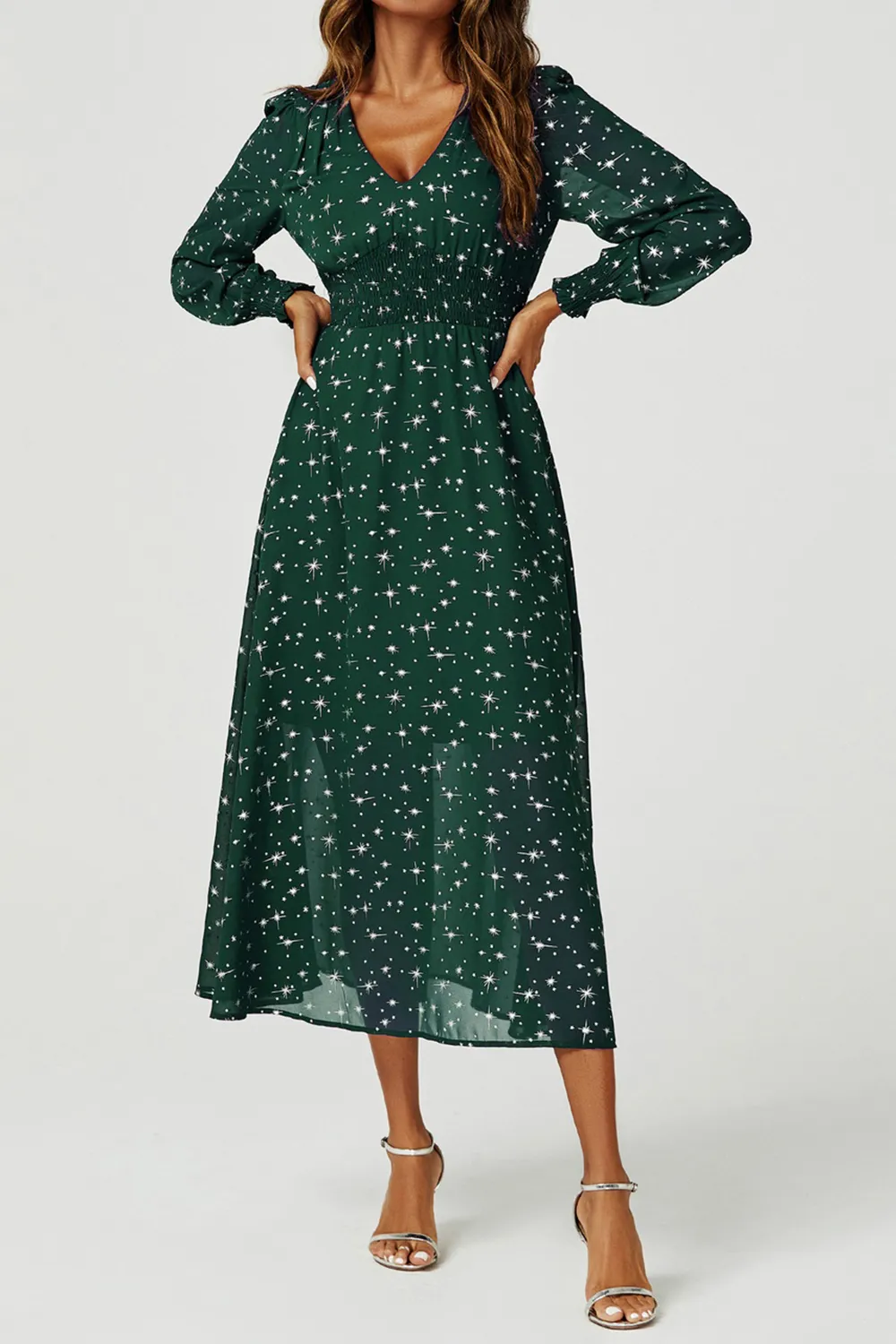 Green Polka Dot Star V-Neck Long Sleeve Maxi Dress