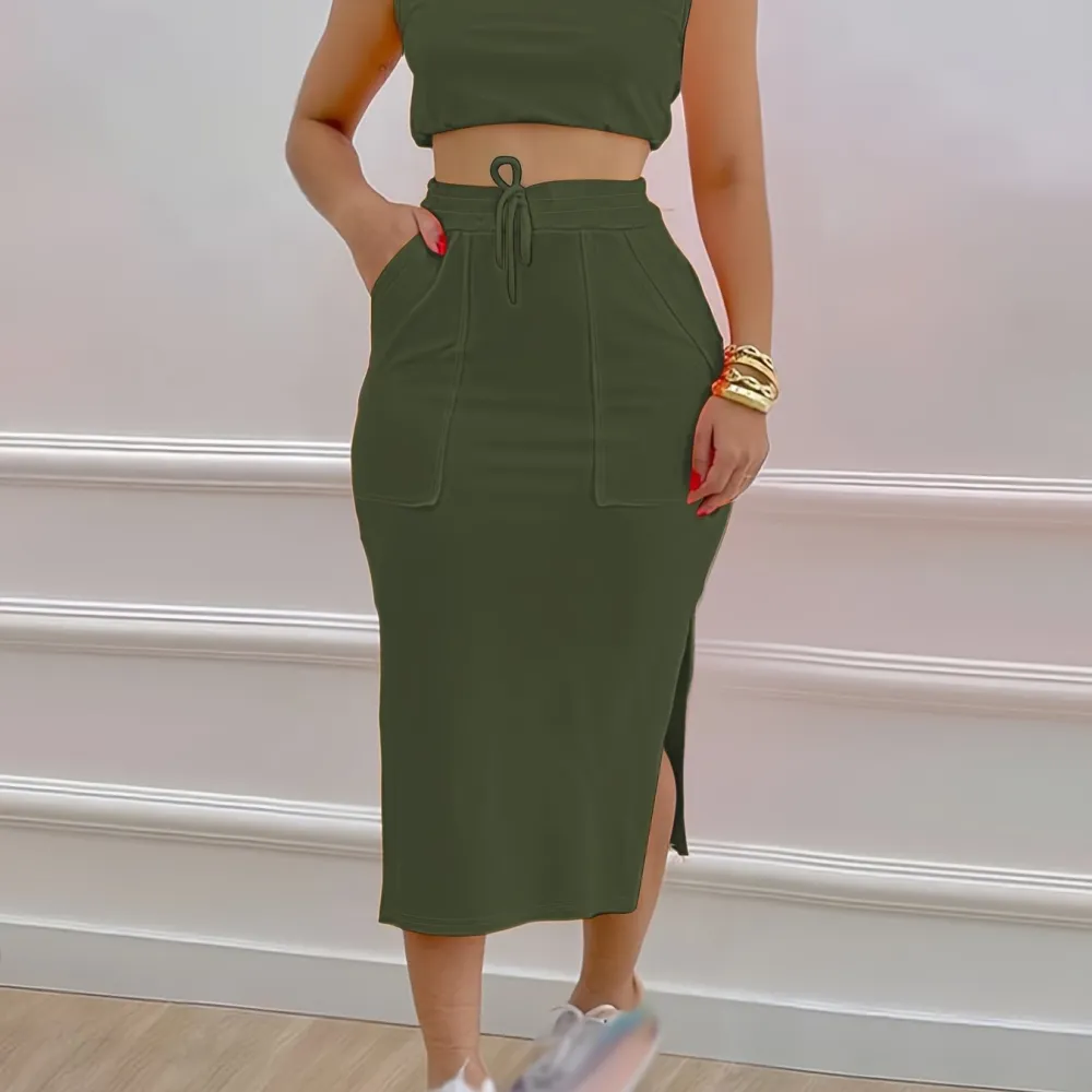 Drawstring Skirt Set: Effortless Summer Style (Tank Top, Split Detail)