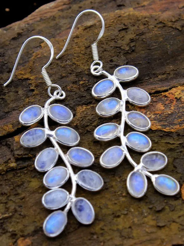 Ethnic Opal Moonstone Leaf Shape Earrings Boho Vintage Jewelry