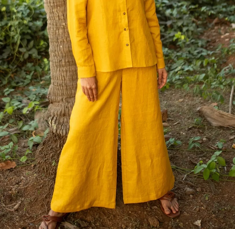 Mustard Linen Matching Set with Button-Up Shirt & Oversized Pants
