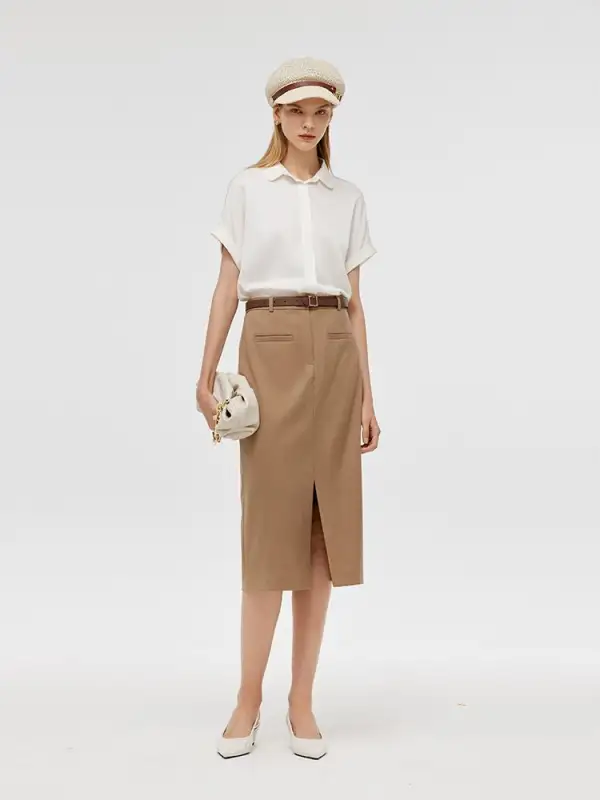 Basic Straight Slit Women Skirt With Belt