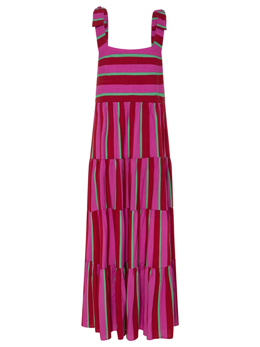 Ladies red printed holiday dress with straps and stripes