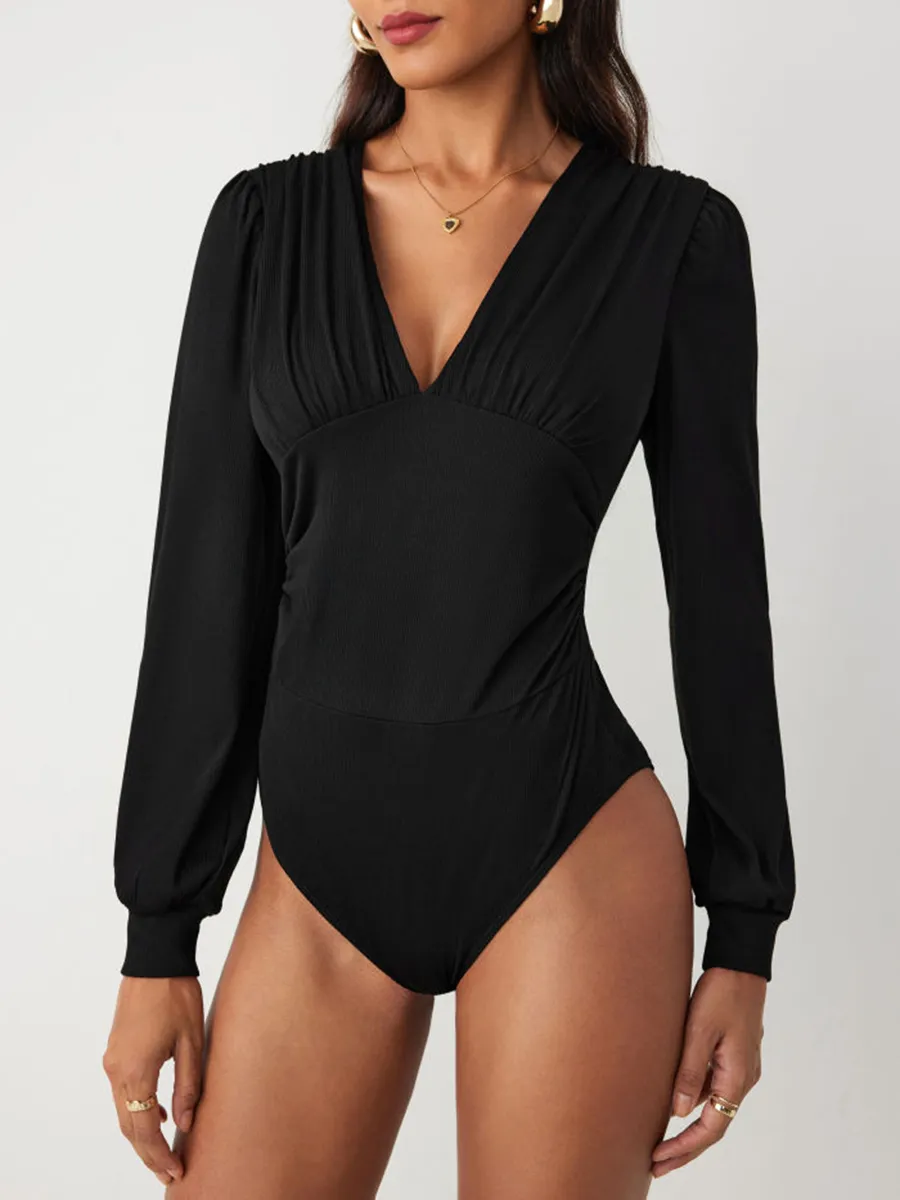 Jersey V-Neck Solid Ruched Bodysuit