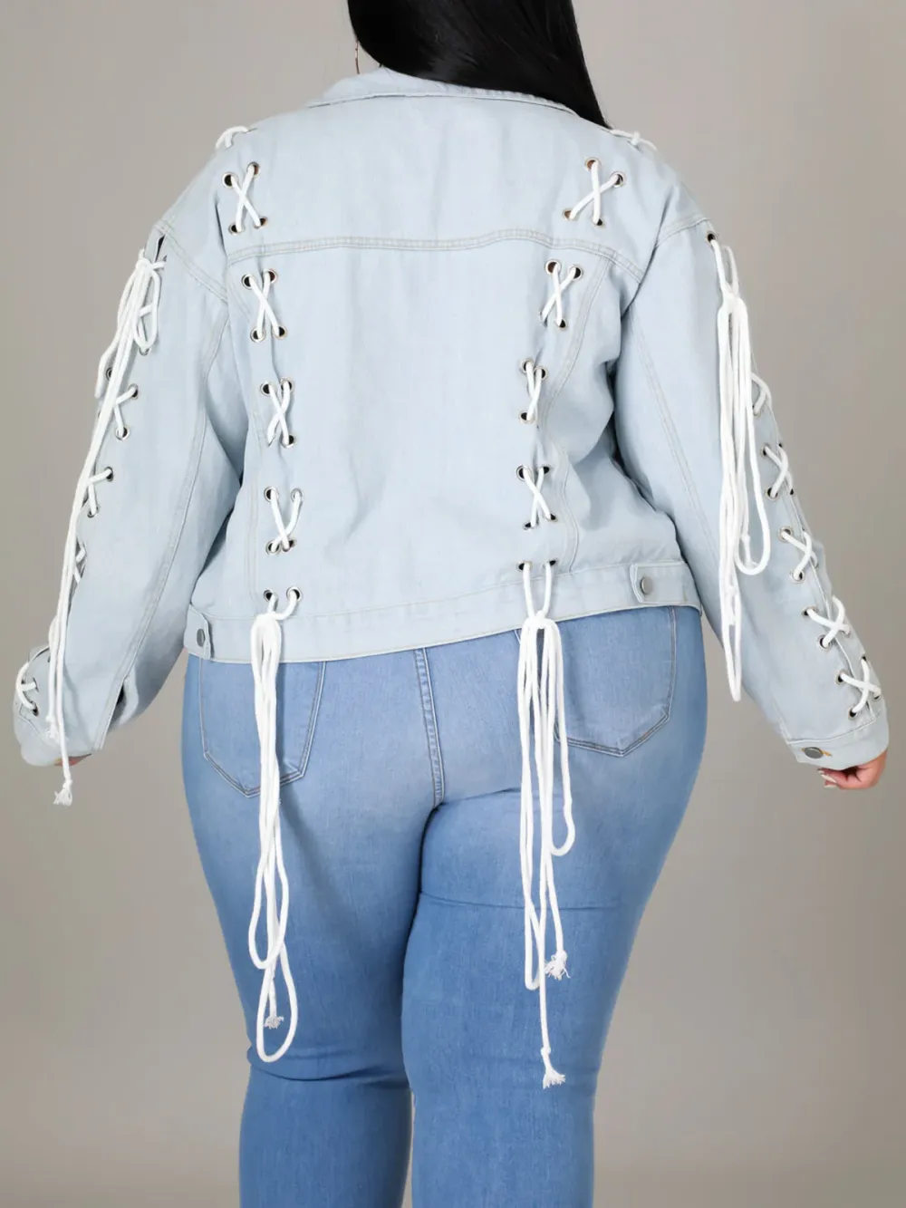 Plus-Size Fashion Women'S Lace-Up Denim Jacket