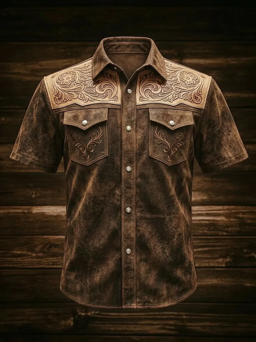 Men's Western Cowboy Floral Tooled Leather Printed Shirt-3