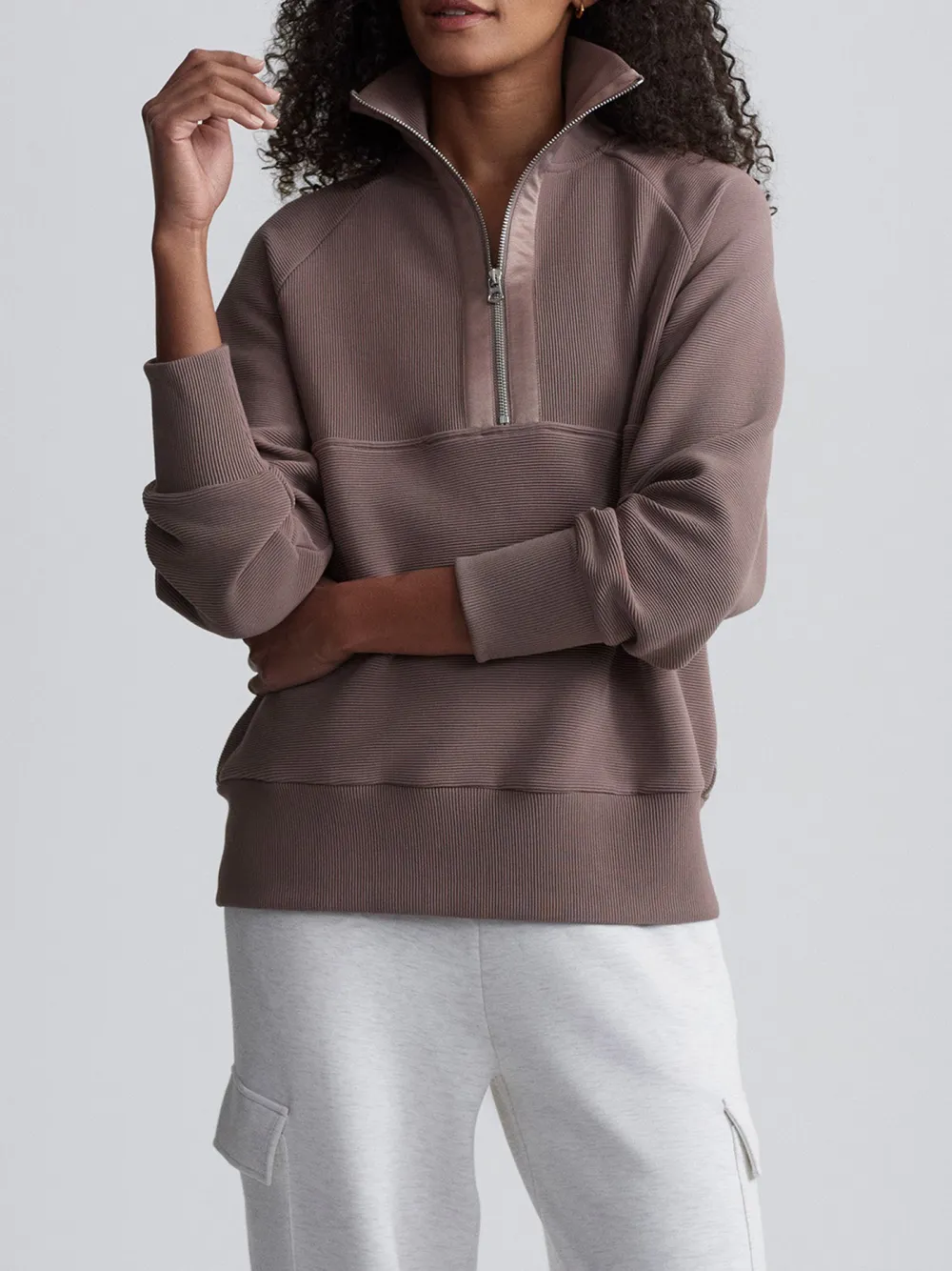 Casual Half-Zip High-Collar Ribbed Sweatshirt