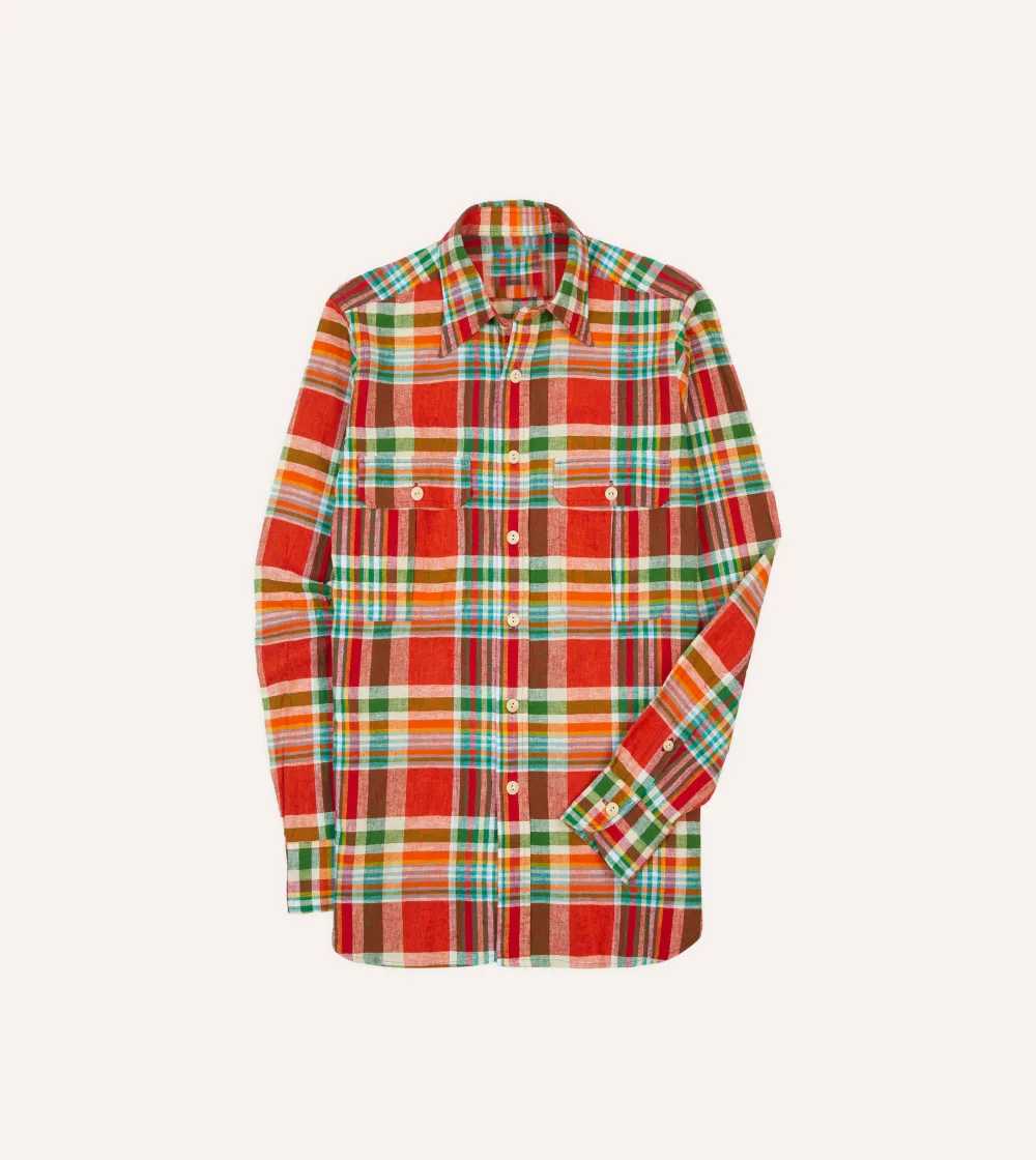 Red and Green Madras Check Cotton-Linen Two-Pocket Work Shirt Casual Style