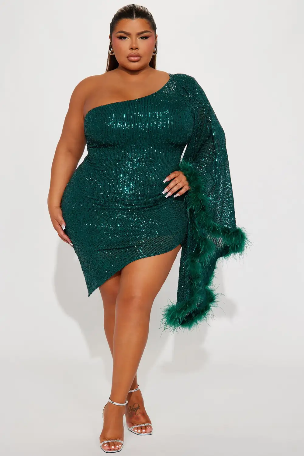 All The Glam Feathered Mini Dress - Hunter
