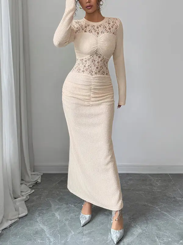 Hollow Pleated Long Neck Maxi Dress