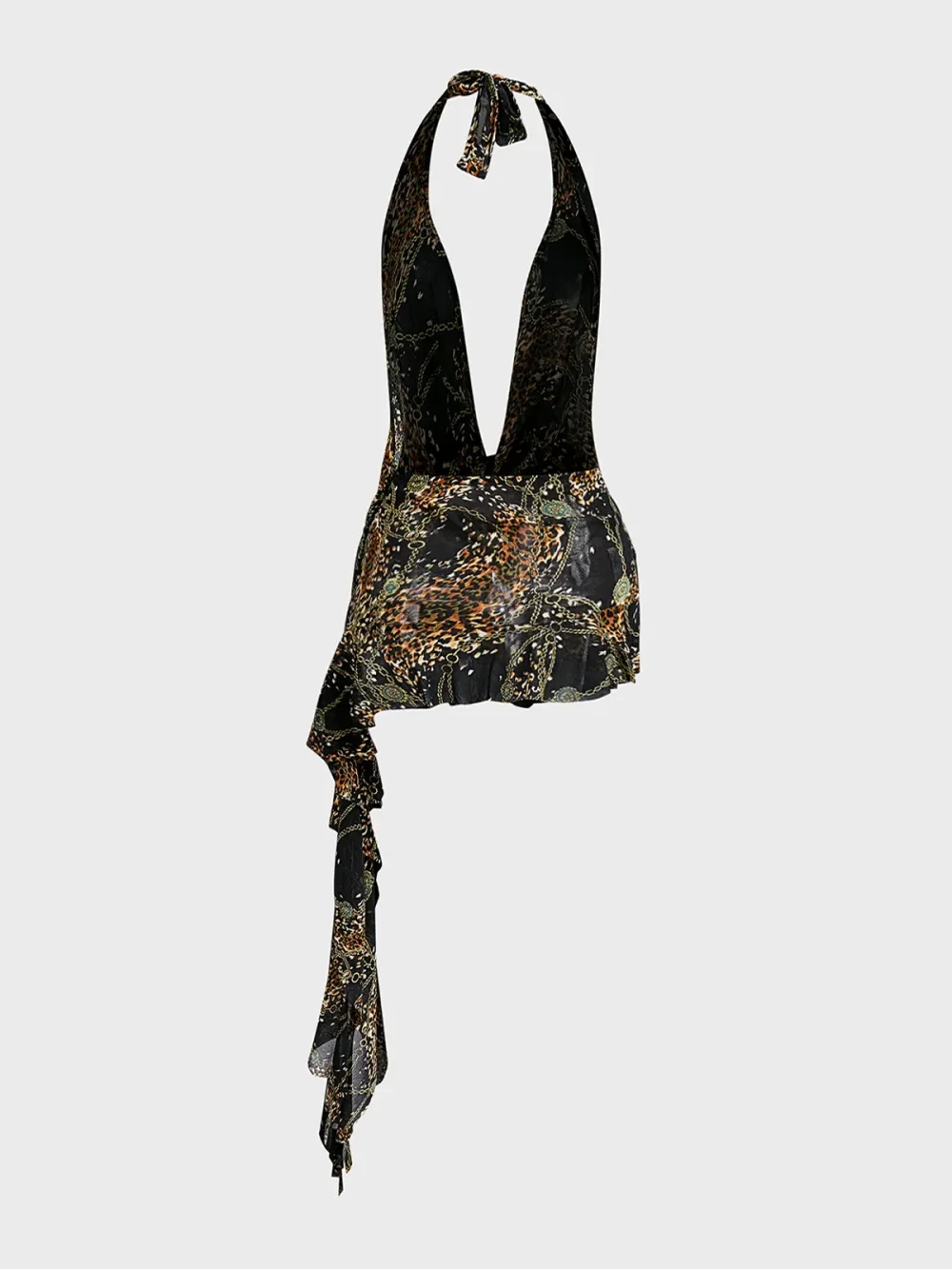 Backless Asymmetrical Design Ruffles Halter Leopard Sleeveless Short Dress