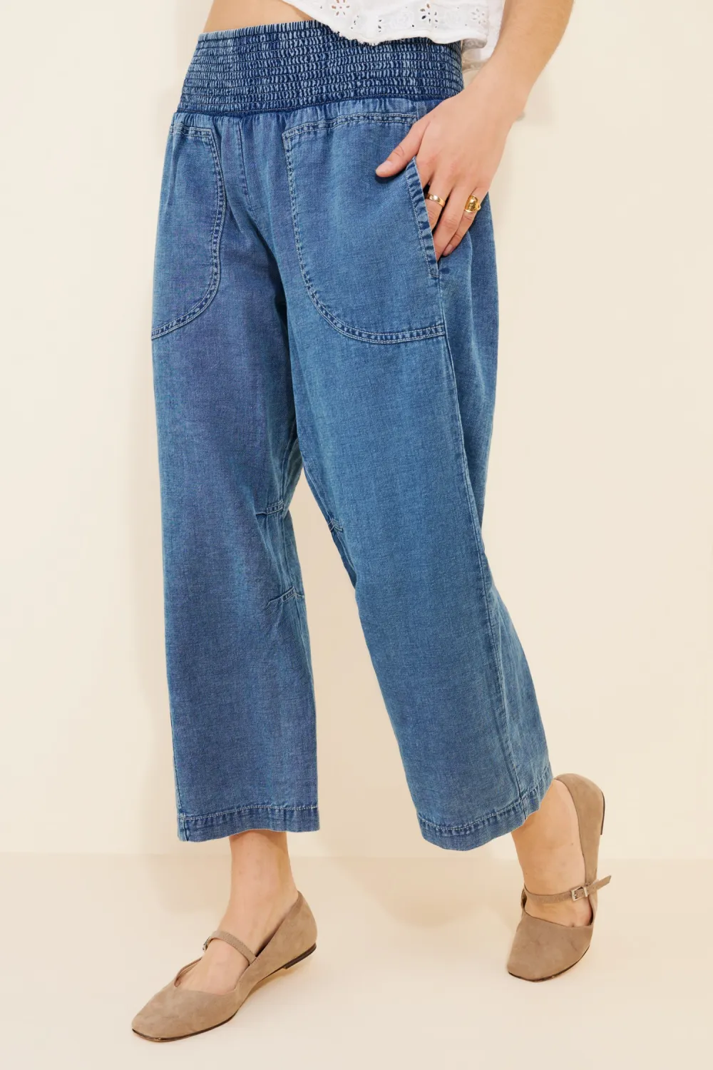 Elastic Waist Wide Leg Cotton Crop Denim Jeans