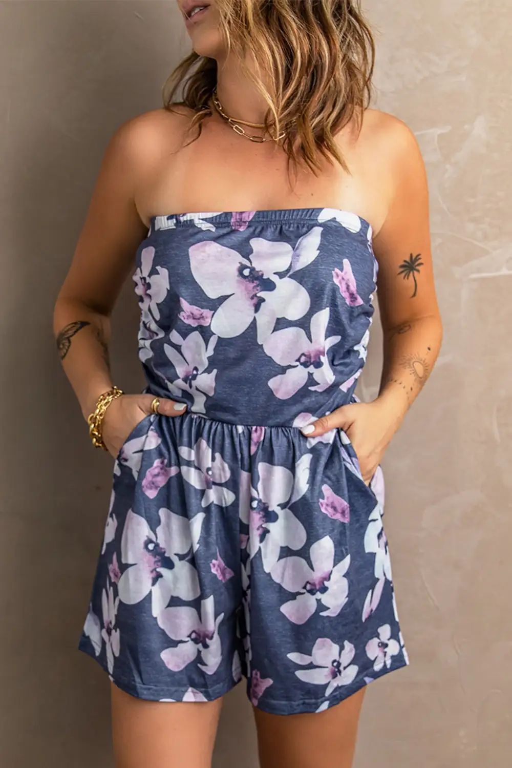 Bandeau Floral Print Romper With Pockets