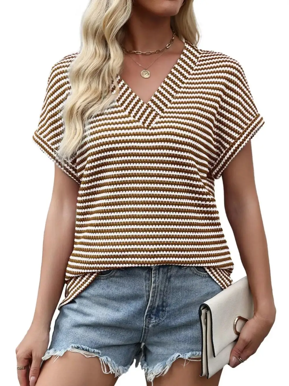 Striped V Neck Relaxed Fit T Shirt