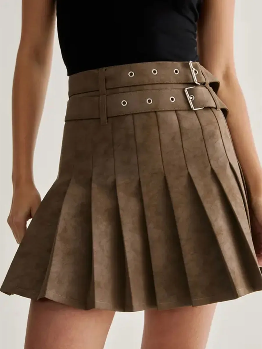 Lady's Fashionable Brown Belt-Embellished Pleated Skirt