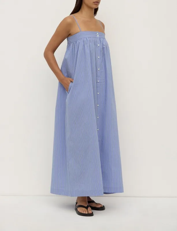 Blue & White Striped Button-Front Maxi Dress