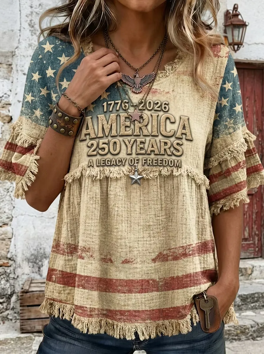 Vintage 250th Anniversary Fourth Of July Print Patchwork Shirt