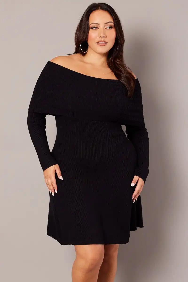 Black Off Shoulder Knit Mini Dress