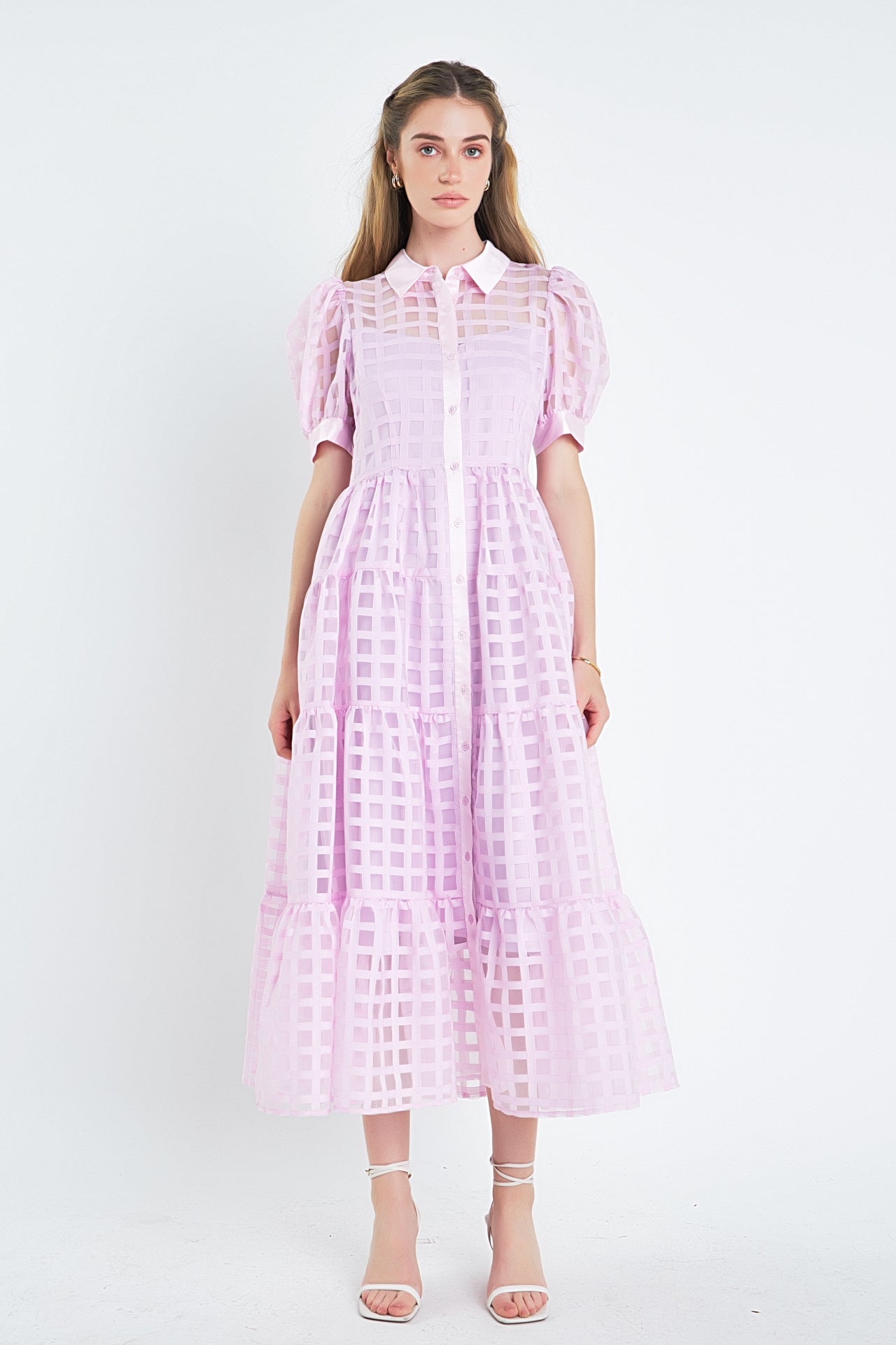 Gridded Organza Tiered Maxi Dress